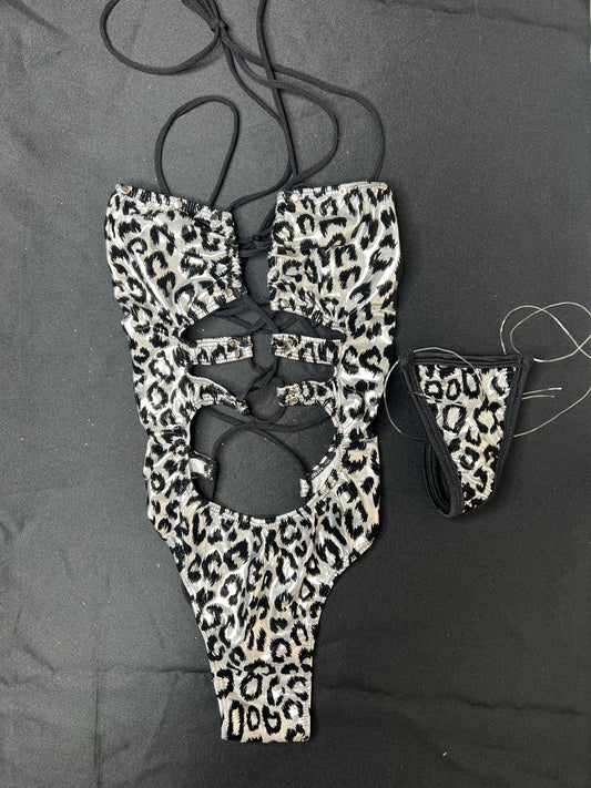 Silver/Black Cheetah Animal Print Print One-Piece Lingerie Outfit