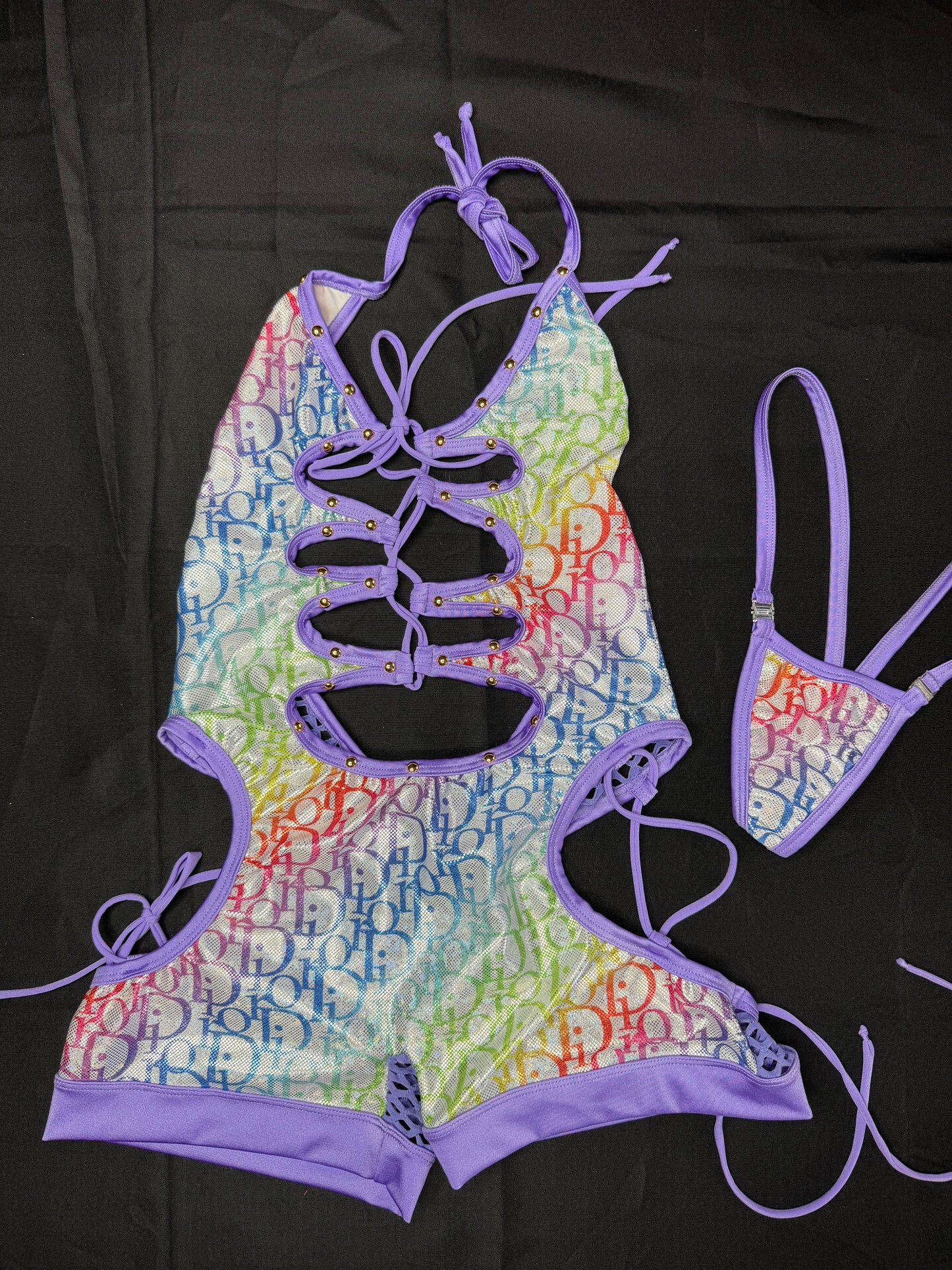 Holographic Rainbow/Lavender Spandex Romper Lingerie Outfit
