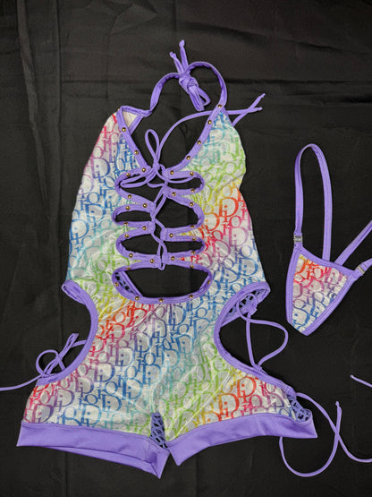 Holographic Rainbow/Lavender Spandex Romper Lingerie Outfit