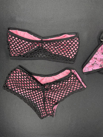 Metallic Pink/Black Fishnet Spandex Tube Top/Shorts Two-Piece Lingerie Outfit