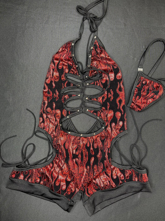 Red Flame/Black Nylon/Spandex One-Piece Romper Lingerie Outfit