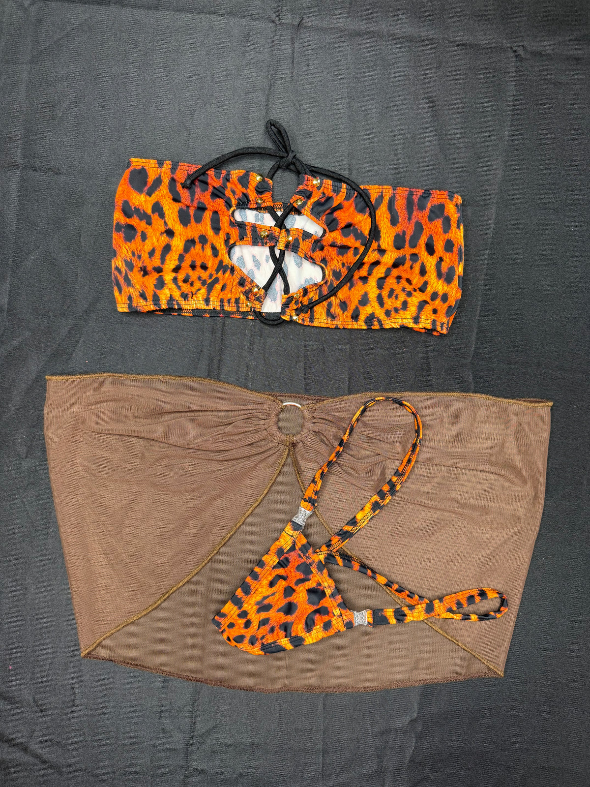 Tiger Print/Mocha Brown Mesh Tube Top/Skirt Lingerie Outfit