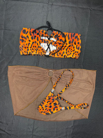 Tiger Print/Mocha Brown Mesh Tube Top/Skirt Lingerie Outfit