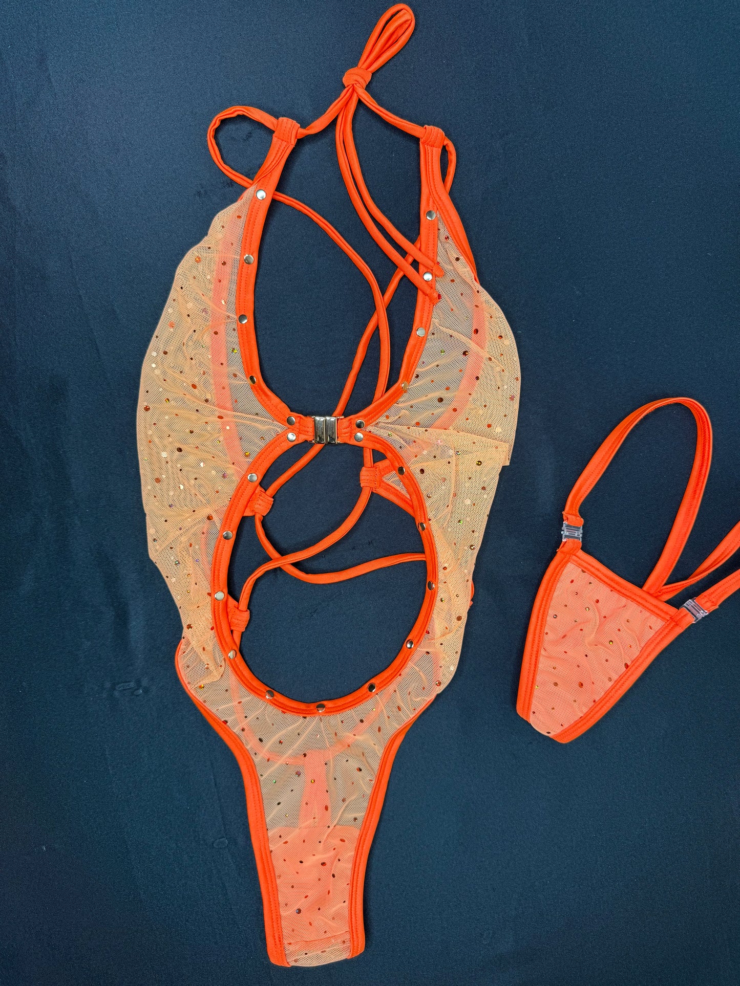 Orange Sparkle Mesh One-Piece Lingerie Outfit