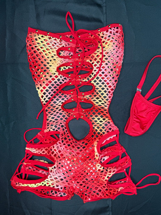 Red Ombré Fishnet One-Piece Lingerie Outfit