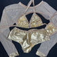 Gold Spandex/Gold Mesh Three-Piece Bikini Top/Shorts Lingerie Outfit