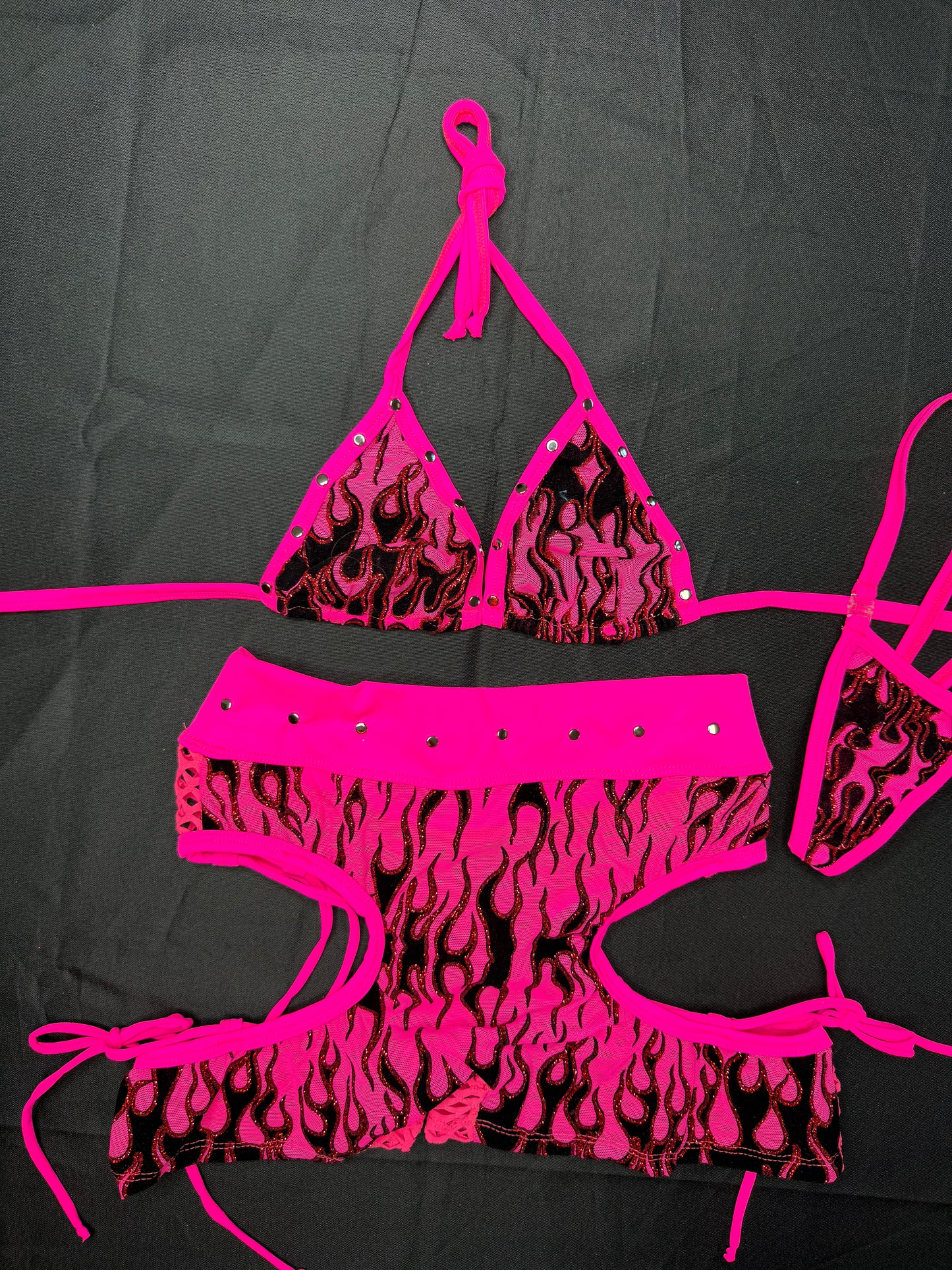 Hot Pink Mesh/Spandex Bikini Top/Shorts Two-Piece Lingerie Outfit