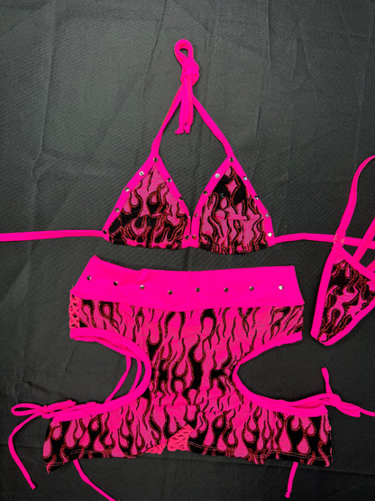 Hot Pink Mesh/Spandex Bikini Top/Shorts Two-Piece Lingerie Outfit