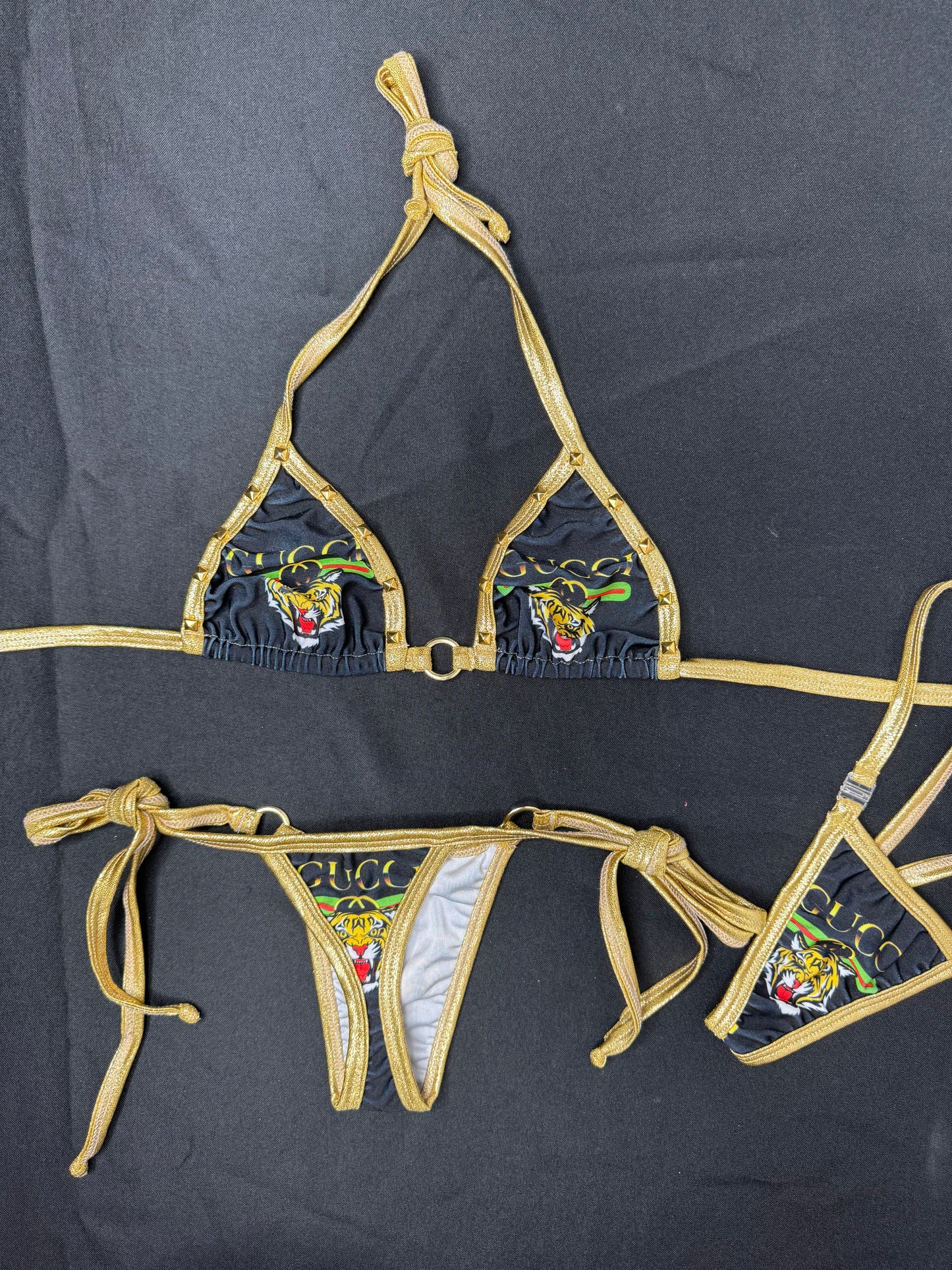 Gold/Designer Tiger Spandex Two-Piece Lingerie Outfit