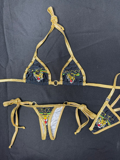 Gold/Designer Tiger Spandex Two-Piece Lingerie Outfit