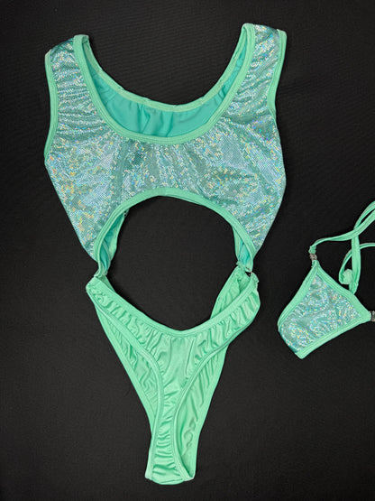 Metallic Mint/Mint Spandex One-Piece Lingerie Outfit