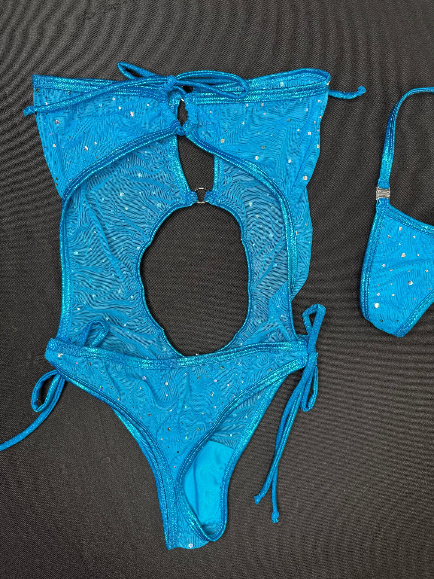 Turquoise Mesh/Metallic Turquoise Spandex One-Piece Lingerie Outfit
