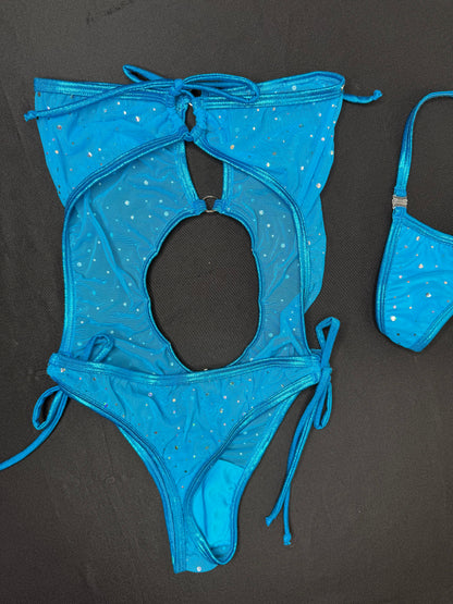 Turquoise Mesh/Metallic Turquoise Spandex One-Piece Lingerie Outfit