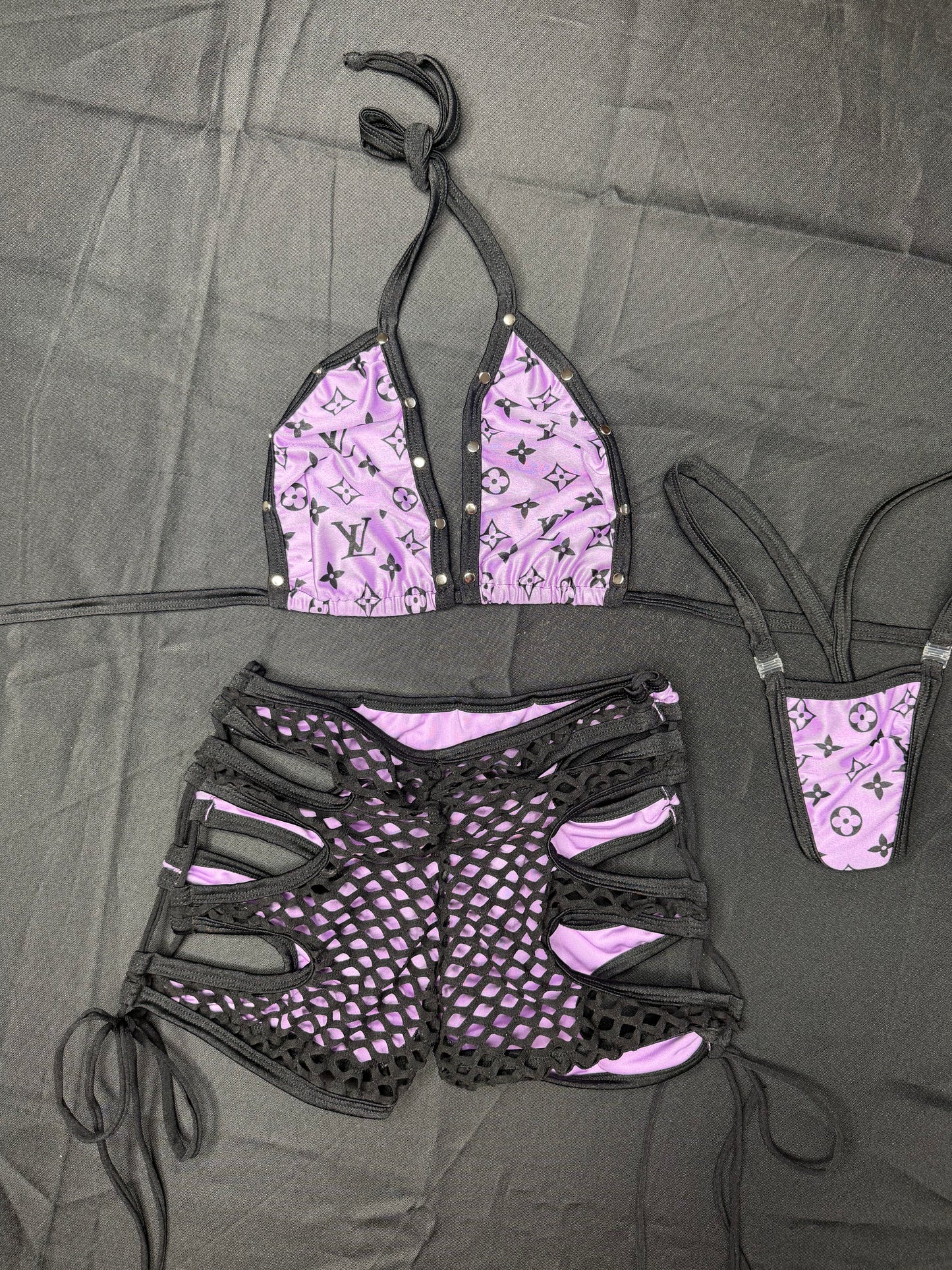 Purple/Black Designer Spandex Bikini Top/Shorts Two-Piece Lingerie Outfit