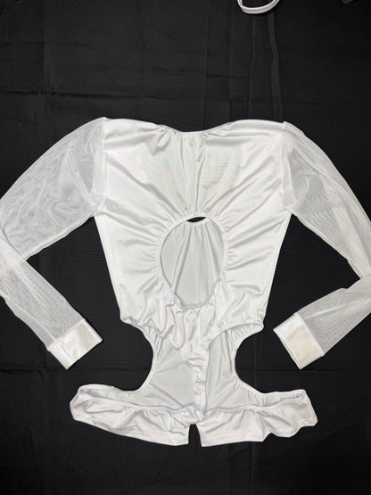 Pearl White Spandex/White Mesh Romper Lingerie Outfit