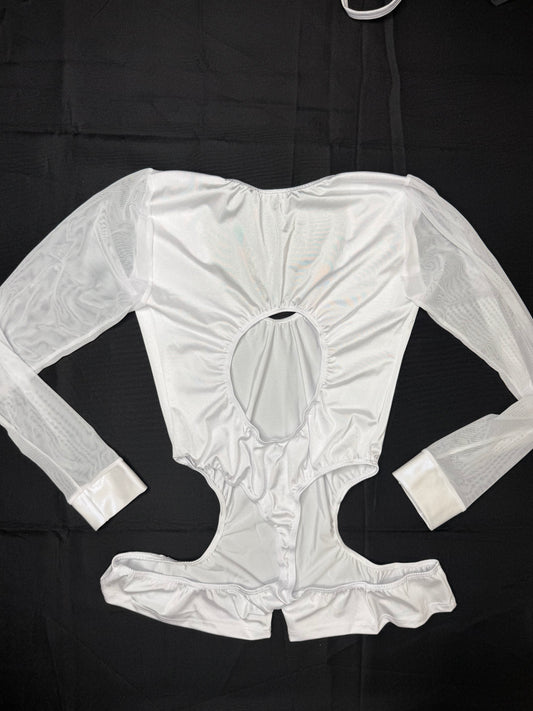 Pearl White Spandex/White Mesh Romper Lingerie Outfit