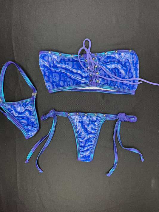 Designer Velvet Purple/Metallic Purple Tube Top/Side Tie Bikini Two-Piece Lingerie Outfit