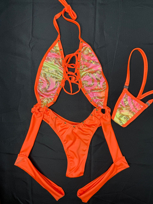 Metallic Orange Spandex One-Piece Lingerie Outfit