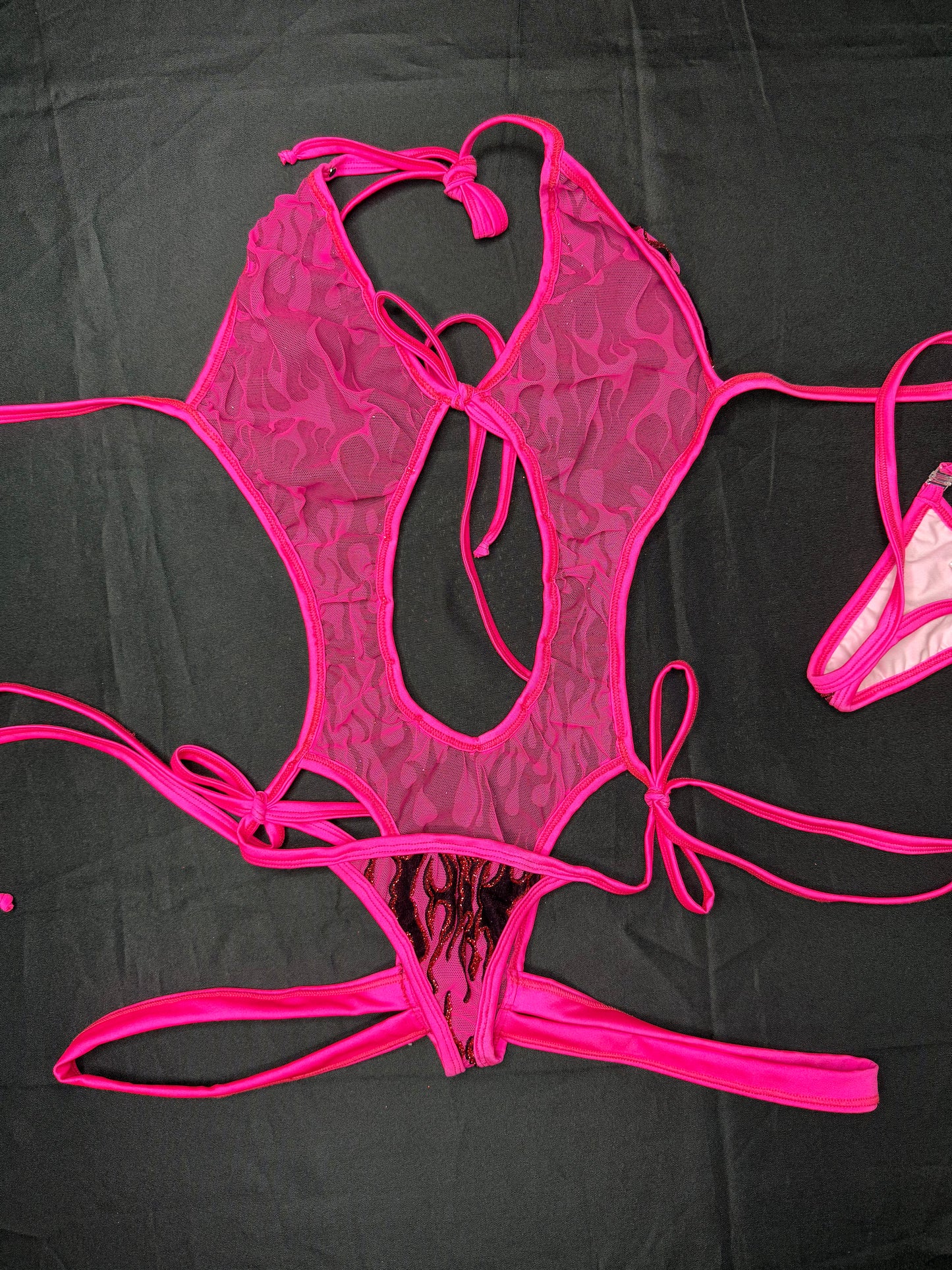 Hot Pink Flame Mesh One-Piece Lingerie Outfit