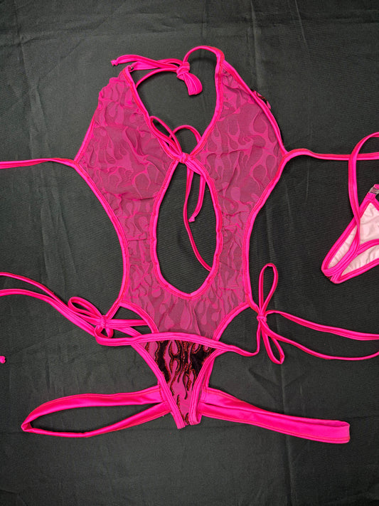 Hot Pink Flame Mesh One-Piece Lingerie Outfit