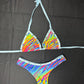 Rainbow Stripes Bikini Top/Cheeky Thong Baby Blue Fishnet Shorts Three-Piece Lingerie Outfit