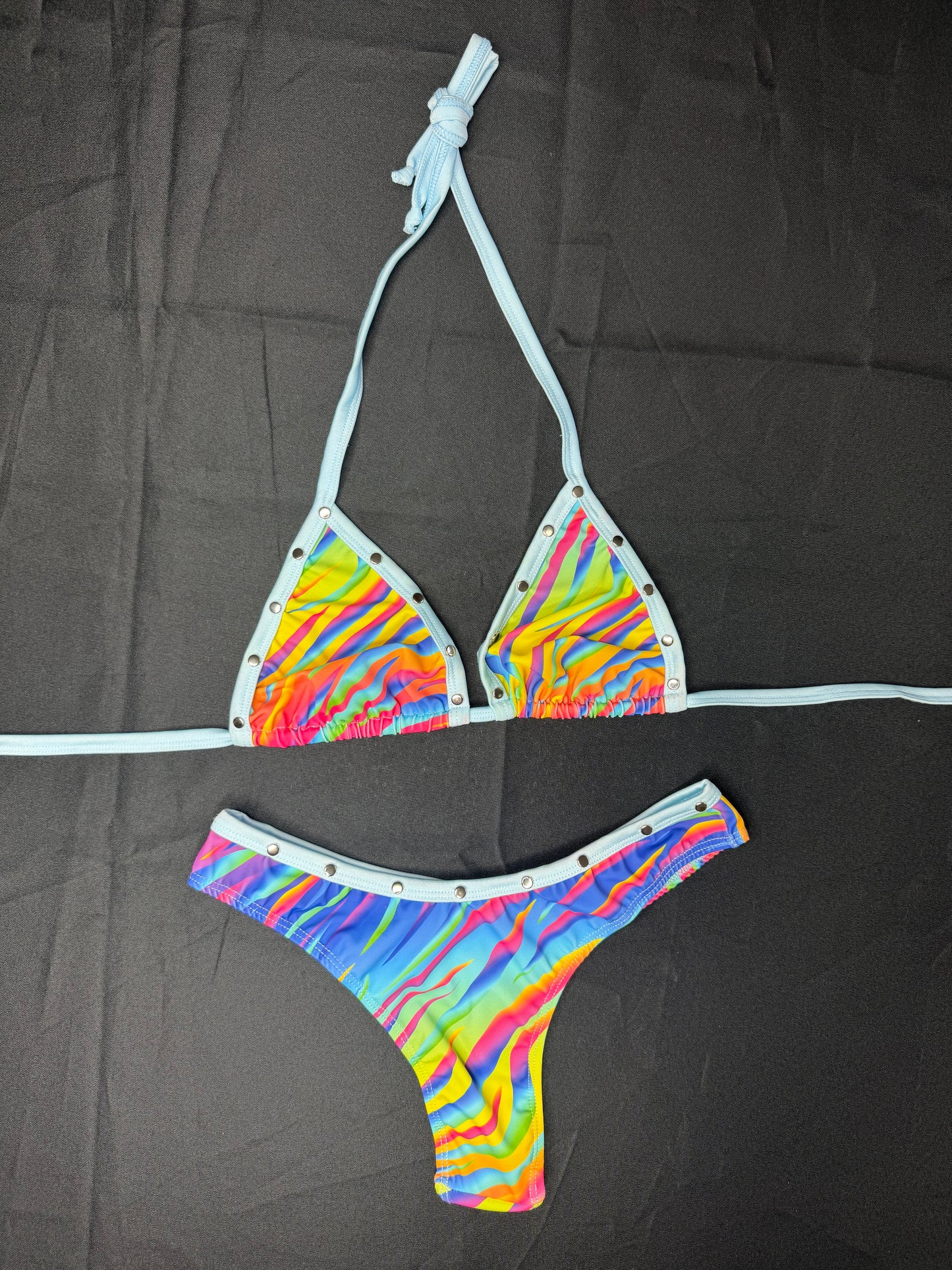 Rainbow Stripes Bikini Top/Cheeky Thong Baby Blue Fishnet Shorts Three-Piece Lingerie Outfit