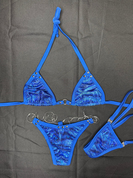 Metallic Royal Blue Animal Print Spandex Two-Piece Bikini Lingerie Outfit