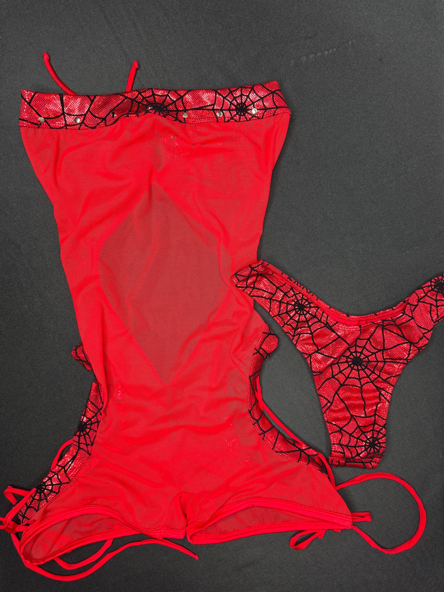 Red Web Nylon/Spandex Red Mesh One-Piece Cheeky Thong Lingerie Outfit