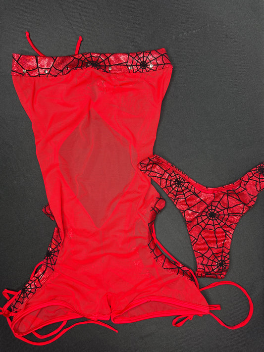 Red Web Nylon/Spandex Red Mesh One-Piece Cheeky Thong Lingerie Outfit