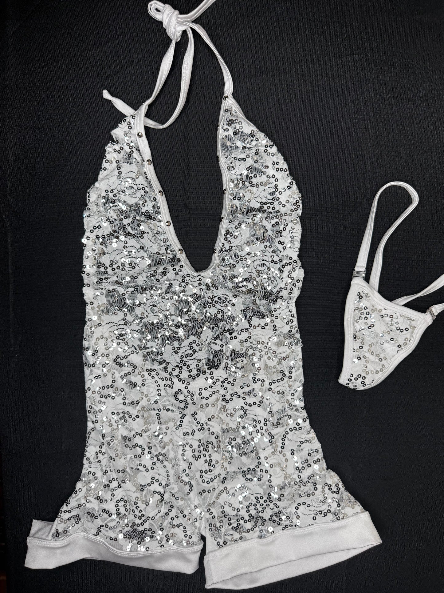 White Lace Sequins One-Piece Ripped Back Lingerie Outfit