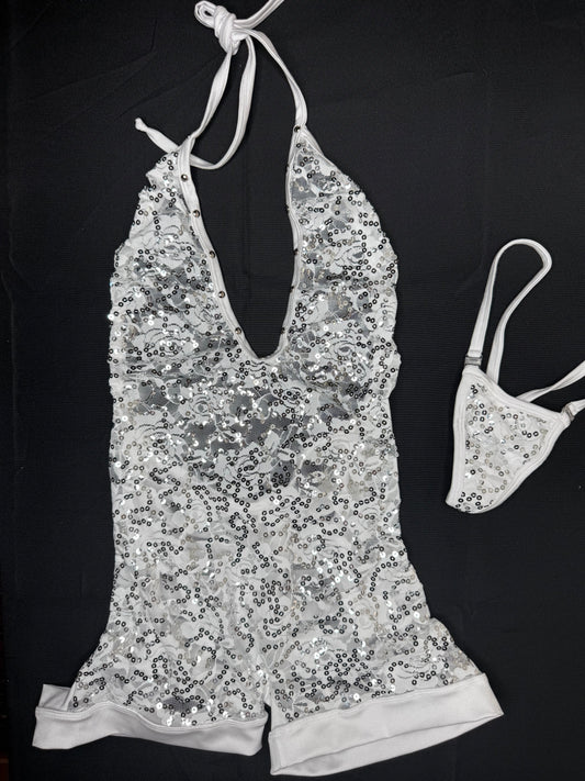 White Lace Sequins One-Piece Ripped Back Lingerie Outfit
