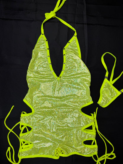 Neon Metallic Yellow Spandex Romper Lingerie Outfit