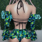 Cosmic Green Spandex Sleeves Sports Bra & Skirt Three Piece Lingerie Outfit
