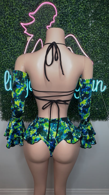 Cosmic Green Spandex Sleeves Sports Bra & Skirt Three Piece Lingerie Outfit