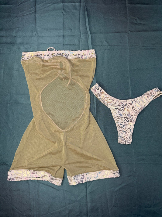 Cheetah Animal Print/Brown Mesh Cheeky Thong One-Piece Lingerie Outfit