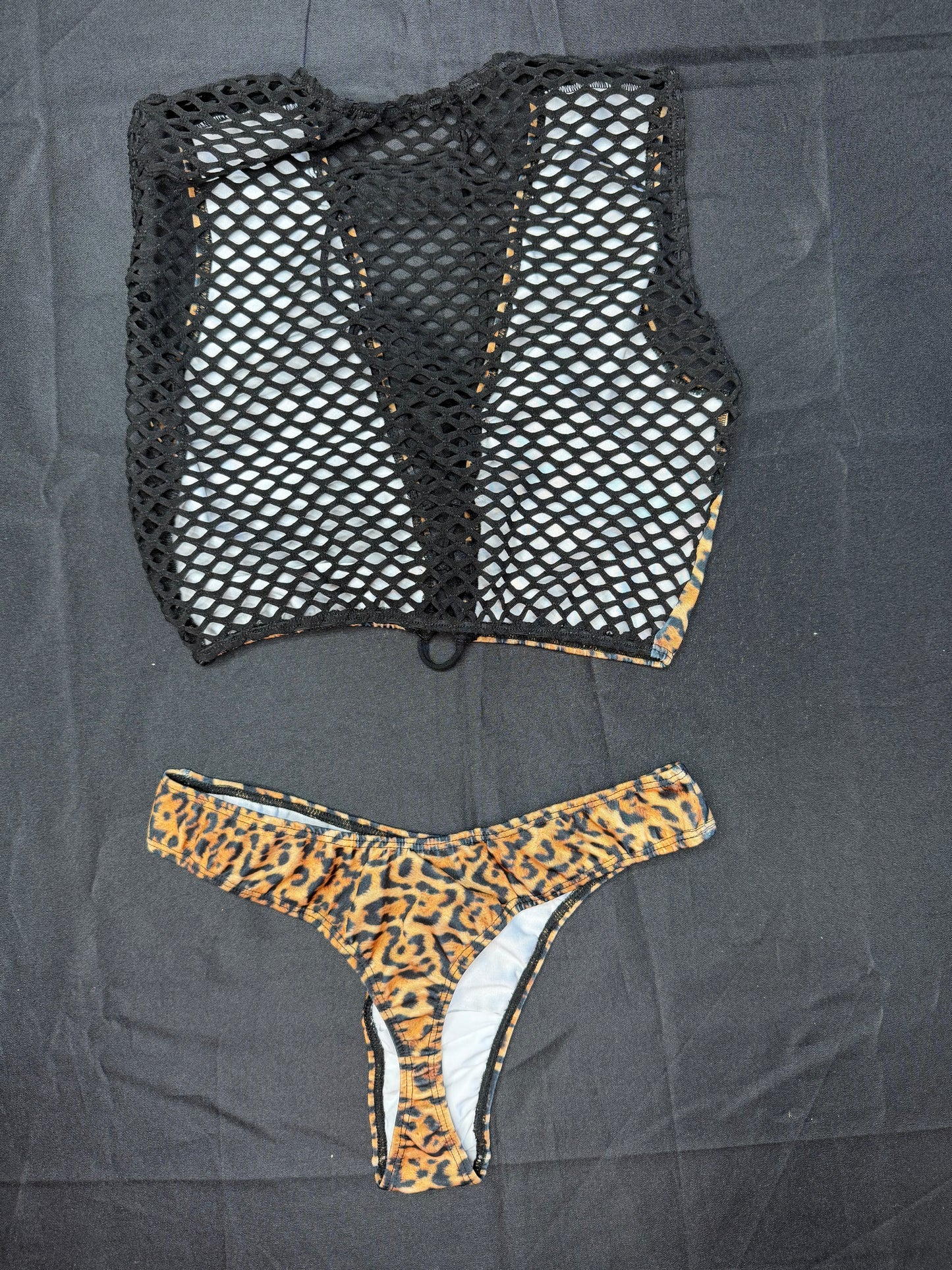 Cheetah Animal Print/Black Fishnet Spandex Chaps Leg Outfit/Cheeky Thong/Top Lingerie Outfit