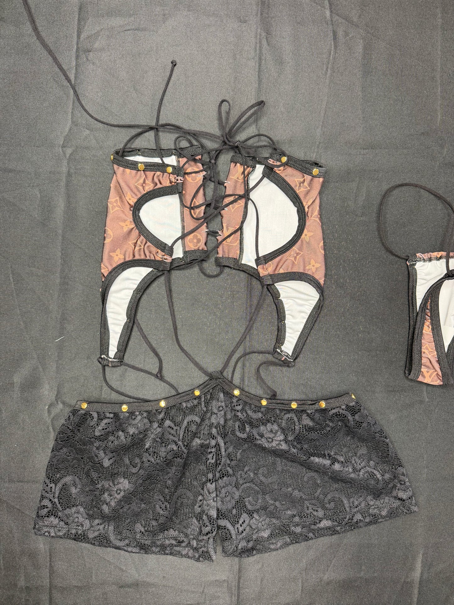 Designer Brown Spandex/Black Lace Spandex One-Piece Lingerie Outfit