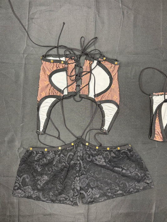Designer Brown Spandex/Black Lace Spandex One-Piece Lingerie Outfit