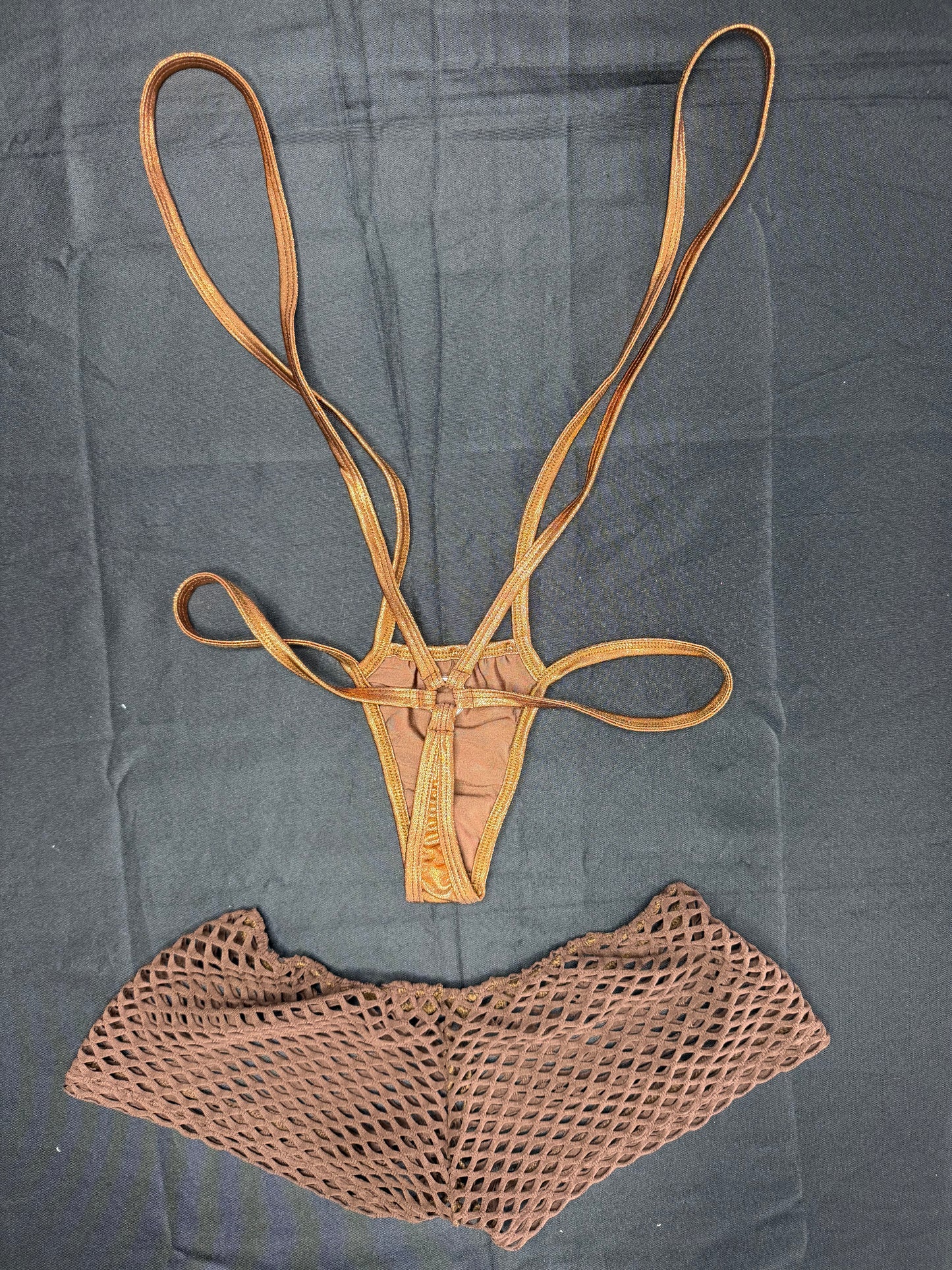 Metallic Bronze/Copper Spandex with Dark Brown Fishnet Shorts Lingerie Outfit