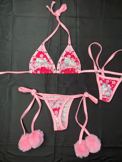 Kitty/Pink Spandex Pom Pom Bikini Lingerie Outfit