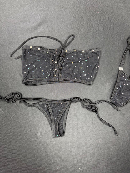 Black Sparkle Mesh Tube Top/Side-Tie Bikini Bottoms Two-Piece Lingerie Outfit