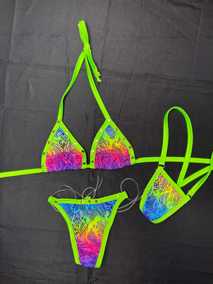 Lime Green/Rainbow Animal Print Two-Piece Bikini Lingerie Outfit