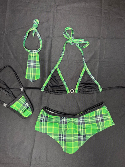 Green/Black Plaid Bikini Top/Shorts School Girl Outfit