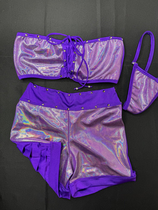Metallic Purple/Purple Two-Piece Ripped Back Shorts Lingerie Outfit