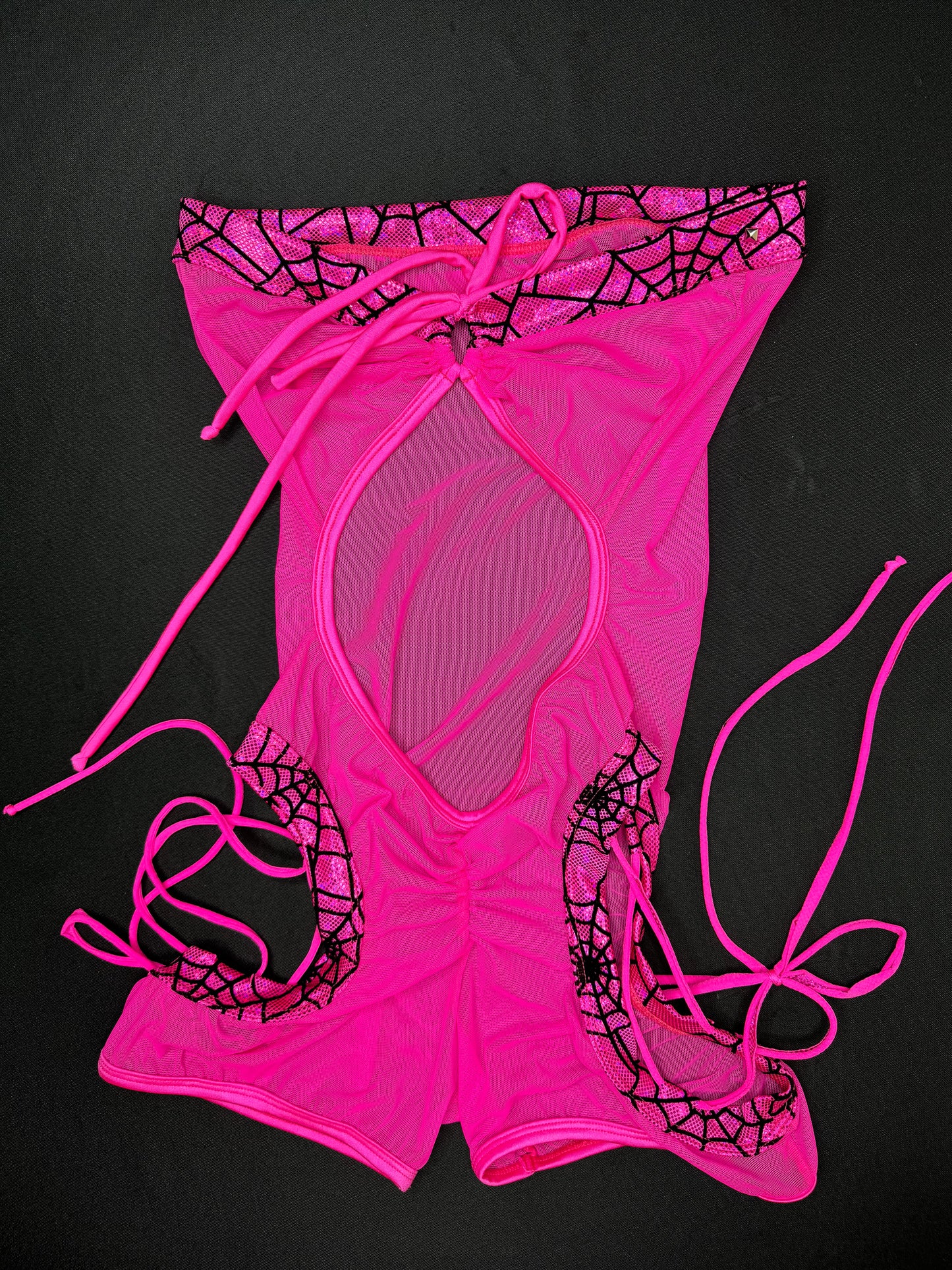 Hot Pink Web/Mesh One-Piece Romper/Cheeky Thong Lingerie Outfit