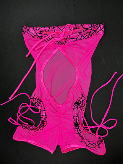 Hot Pink Web/Mesh One-Piece Romper/Cheeky Thong Lingerie Outfit