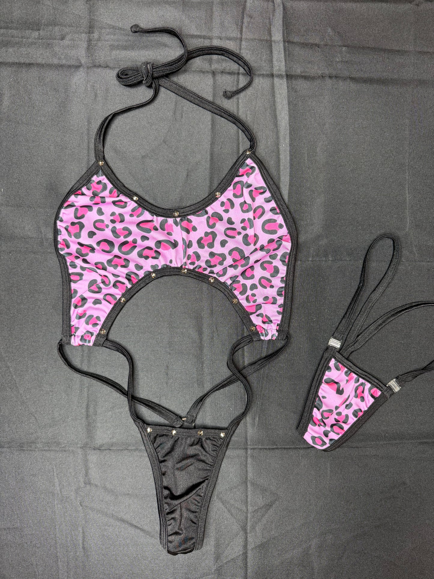 Pink Animal Print/Black Spandex One-Piece Sling-Shot Lingerie Outfit
