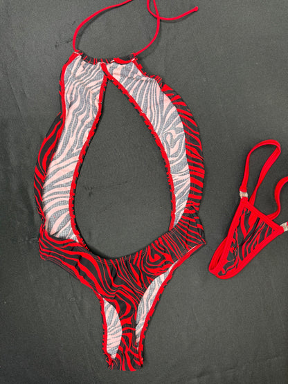 Red/Black Animal Print One-Piece Lingerie Outfit