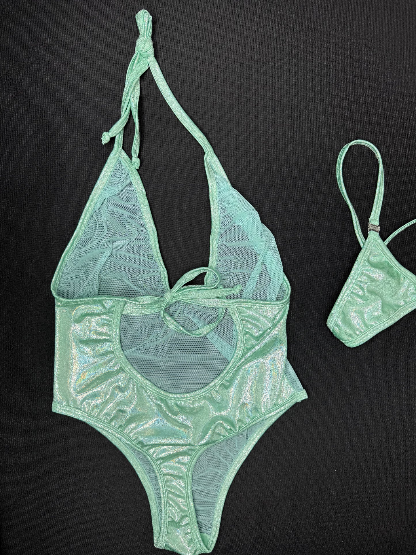 Mint Mesh/Metallic Mint Spandex One-Piece Lingerie Outfit