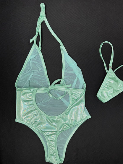 Mint Mesh/Metallic Mint Spandex One-Piece Lingerie Outfit